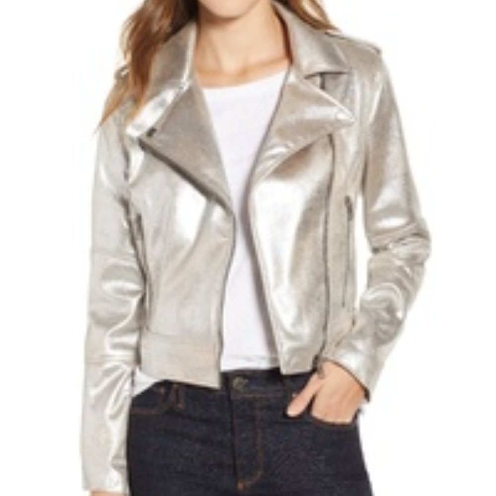 CUPCAKES AND CASHMERE silver pleather jacket NWOT biker motorcycle chic cute